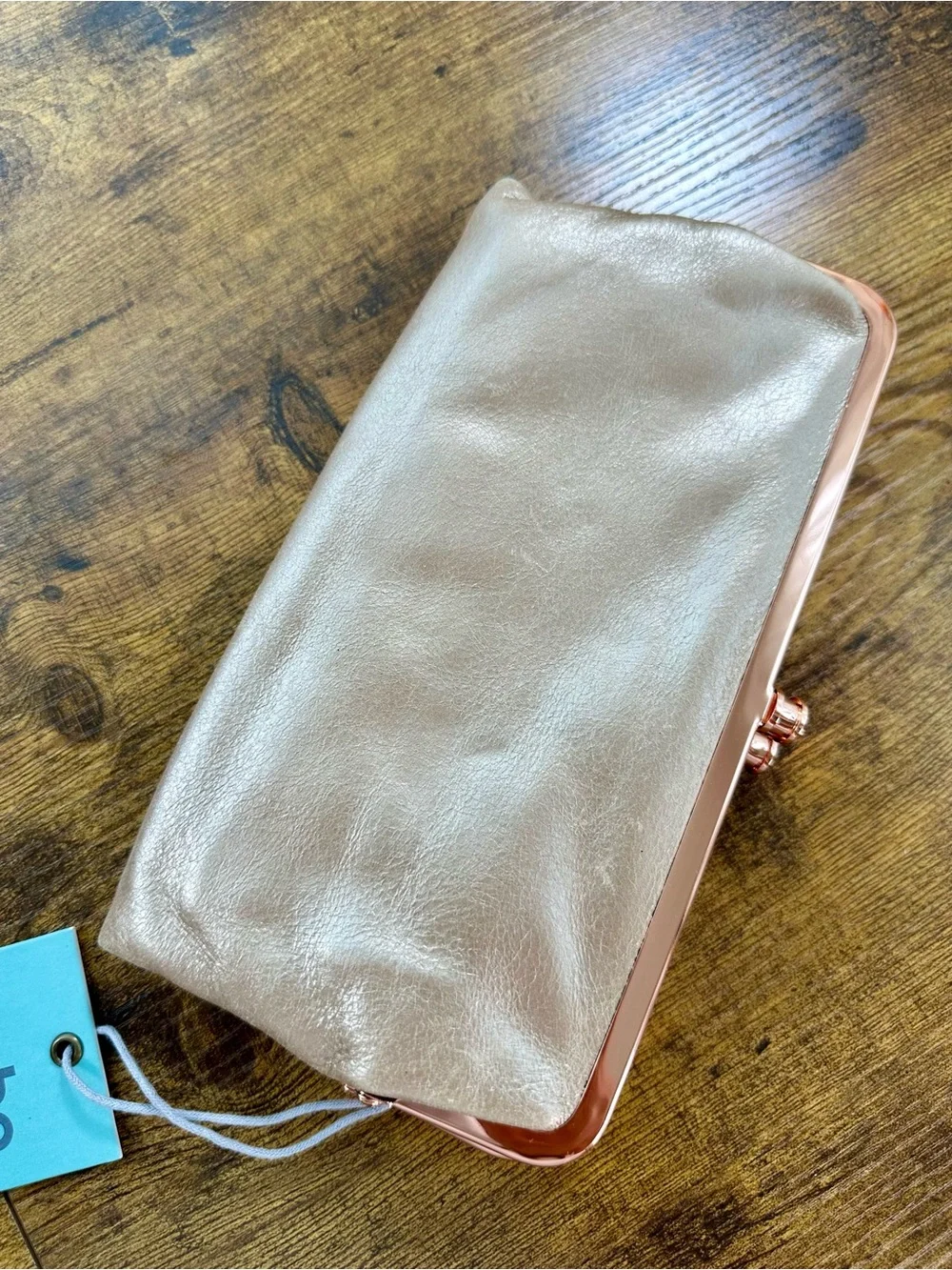 Hobo Lauren Clutch Wallet, Double Kisslock, Blush Leather, Rose Gold Hardware